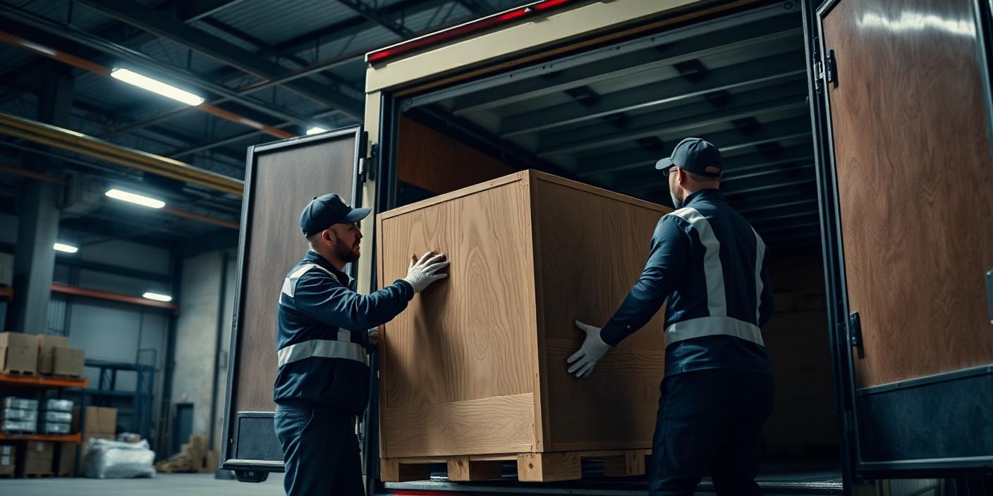 Major Moves crew loading a wooden crate into a moving truck